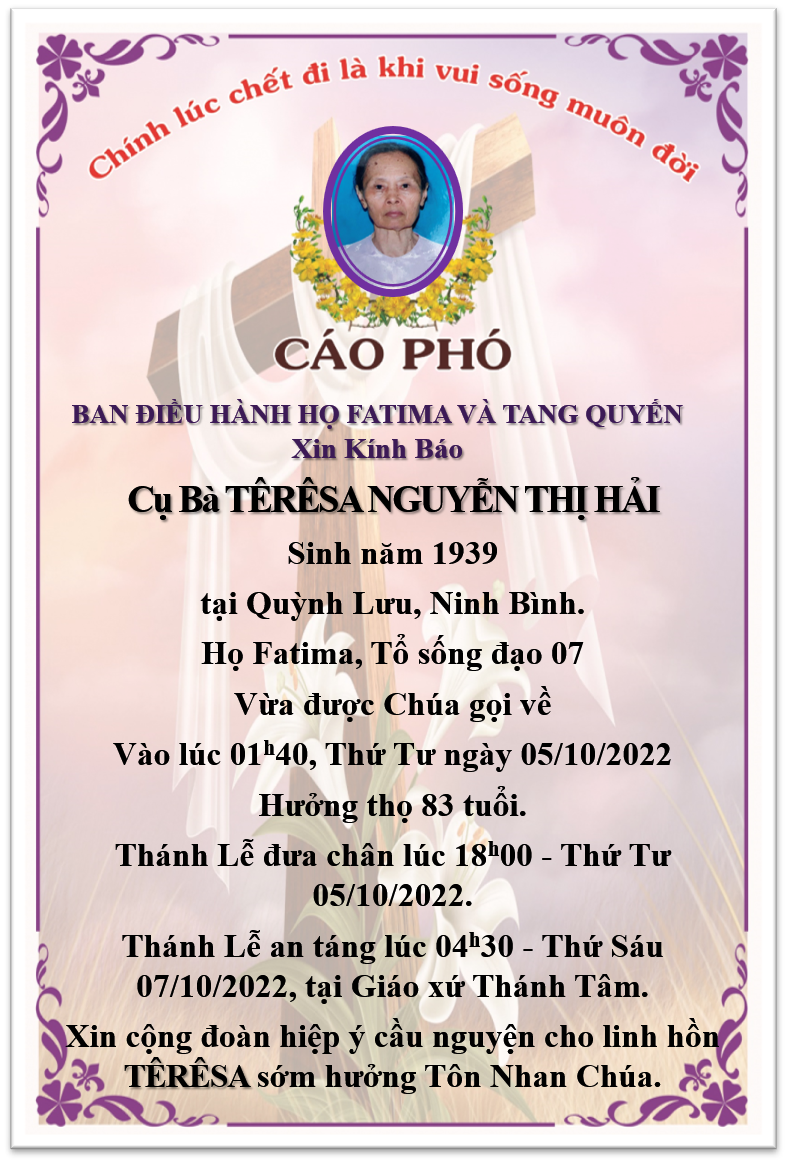 Cáo phó cụ bà Têrêxa Nguyễn Thị Hải.